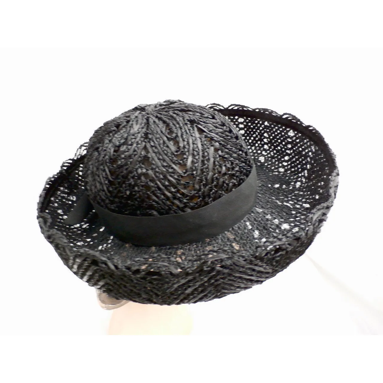Vintage Ladies Black Cellophane Lace Straw Brimmed Hat 1960s