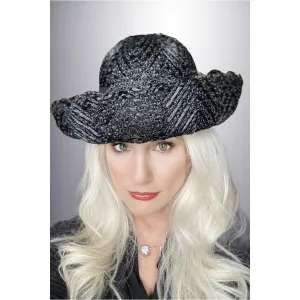 Vintage Ladies Black Cellophane Lace Straw Brimmed Hat 1960s