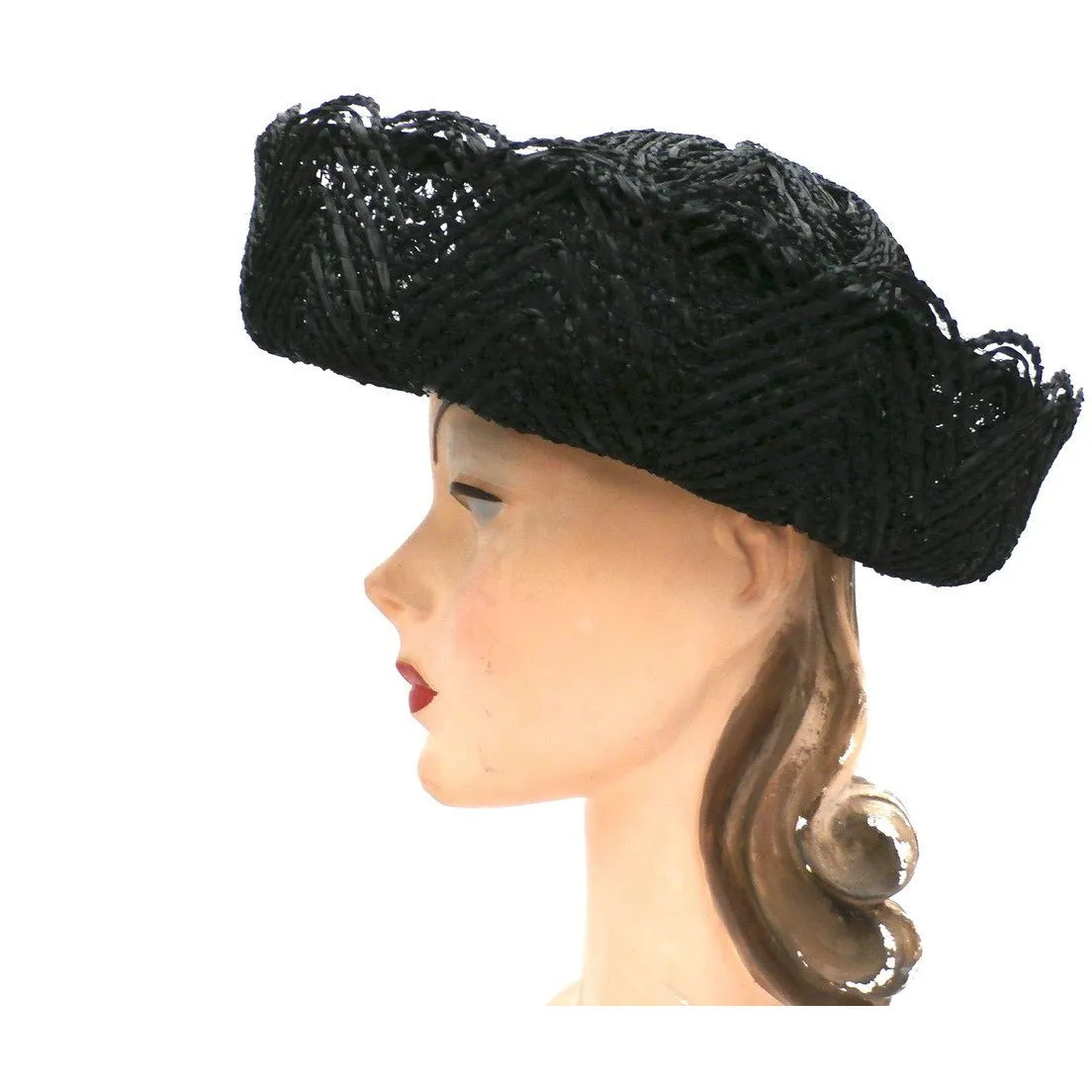 Vintage Ladies Black Cellophane Lace Straw Brimmed Hat 1960s
