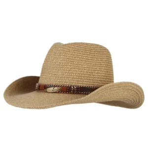 Vintage Western Cowboy Hat For Men Women Summer Straw Hats Alloy Feather Beads Cowgirl Jazz Cap Wide Brim Sun Caps Sombrero