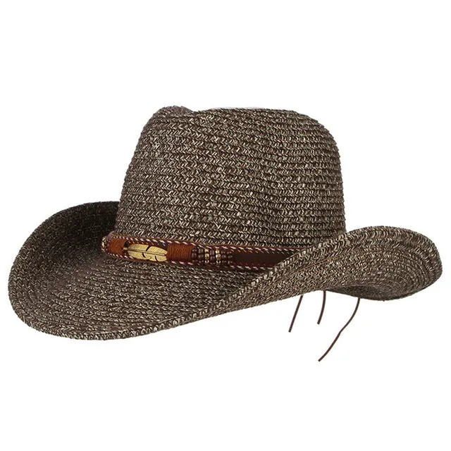 Vintage Western Cowboy Hat For Men Women Summer Straw Hats Alloy Feather Beads Cowgirl Jazz Cap Wide Brim Sun Caps Sombrero