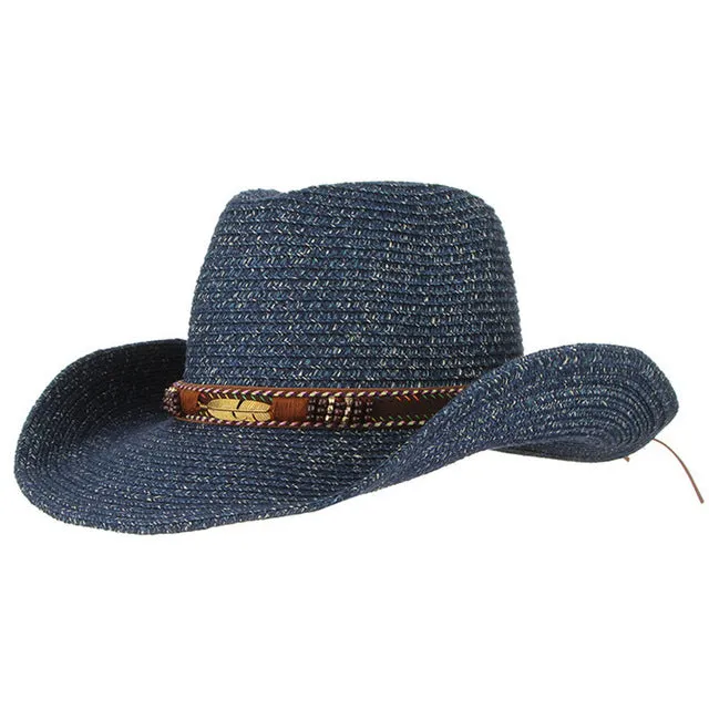 Vintage Western Cowboy Hat For Men Women Summer Straw Hats Alloy Feather Beads Cowgirl Jazz Cap Wide Brim Sun Caps Sombrero