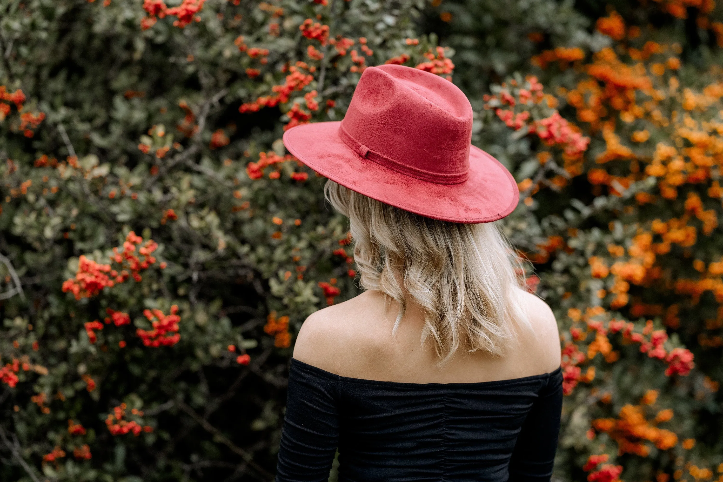 Wine Red Wide Brim Fedora – Classic Suede Finish Statement Hat for Women