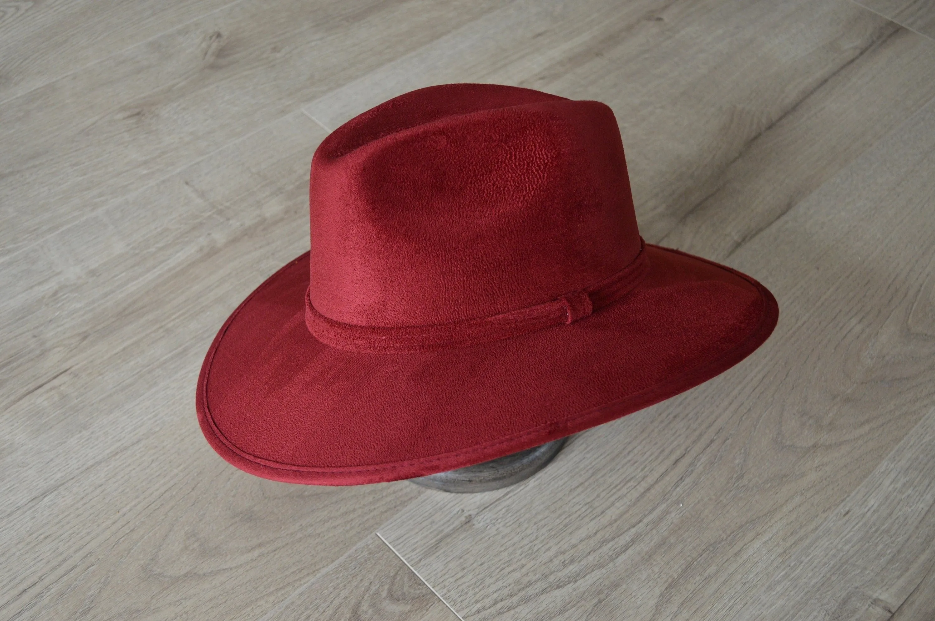 Wine Red Wide Brim Fedora – Classic Suede Finish Statement Hat for Women