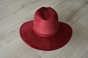 Wine Red Wide Brim Fedora – Classic Suede Finish Statement Hat for Women