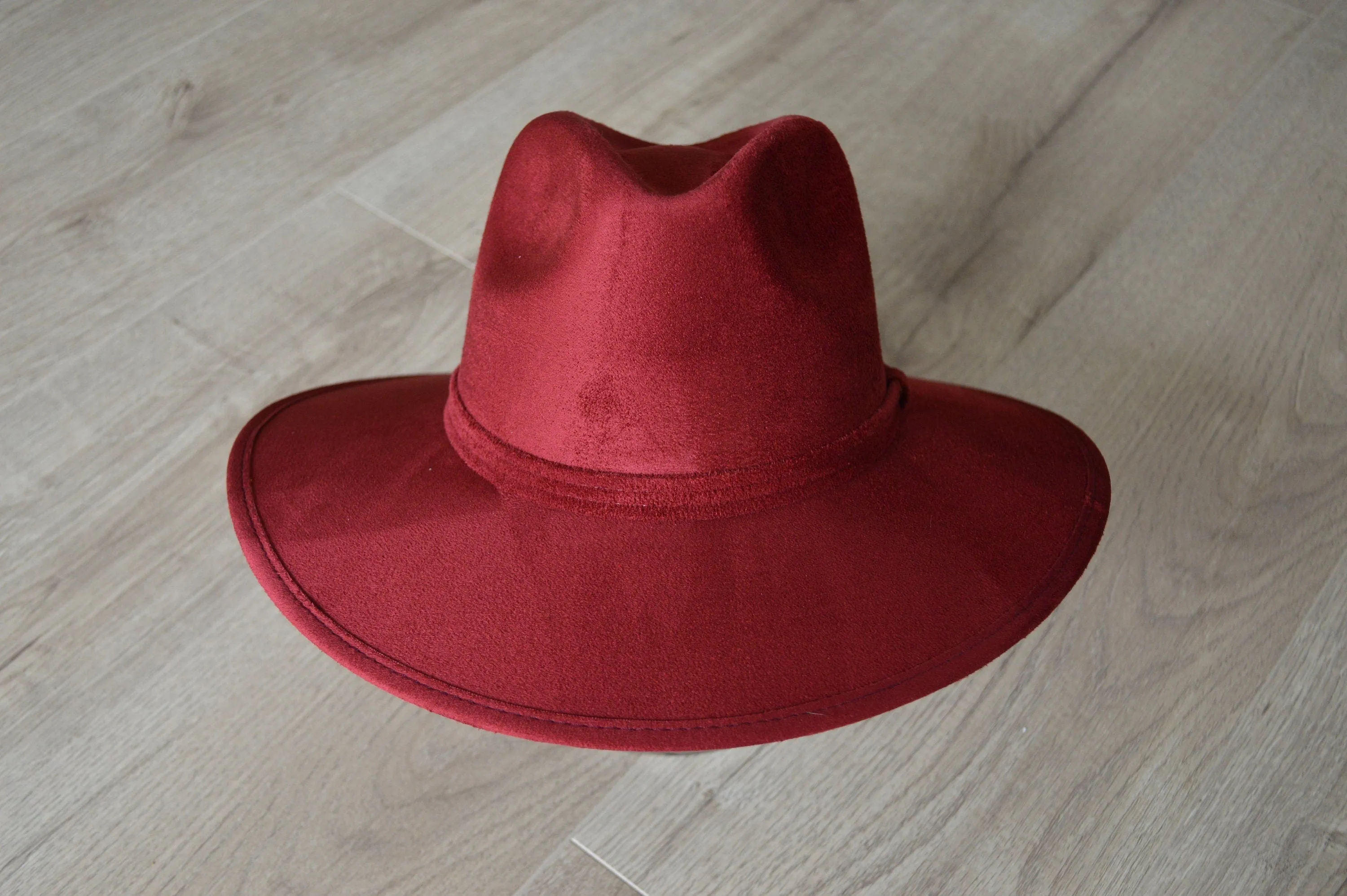 Wine Red Wide Brim Fedora – Classic Suede Finish Statement Hat for Women