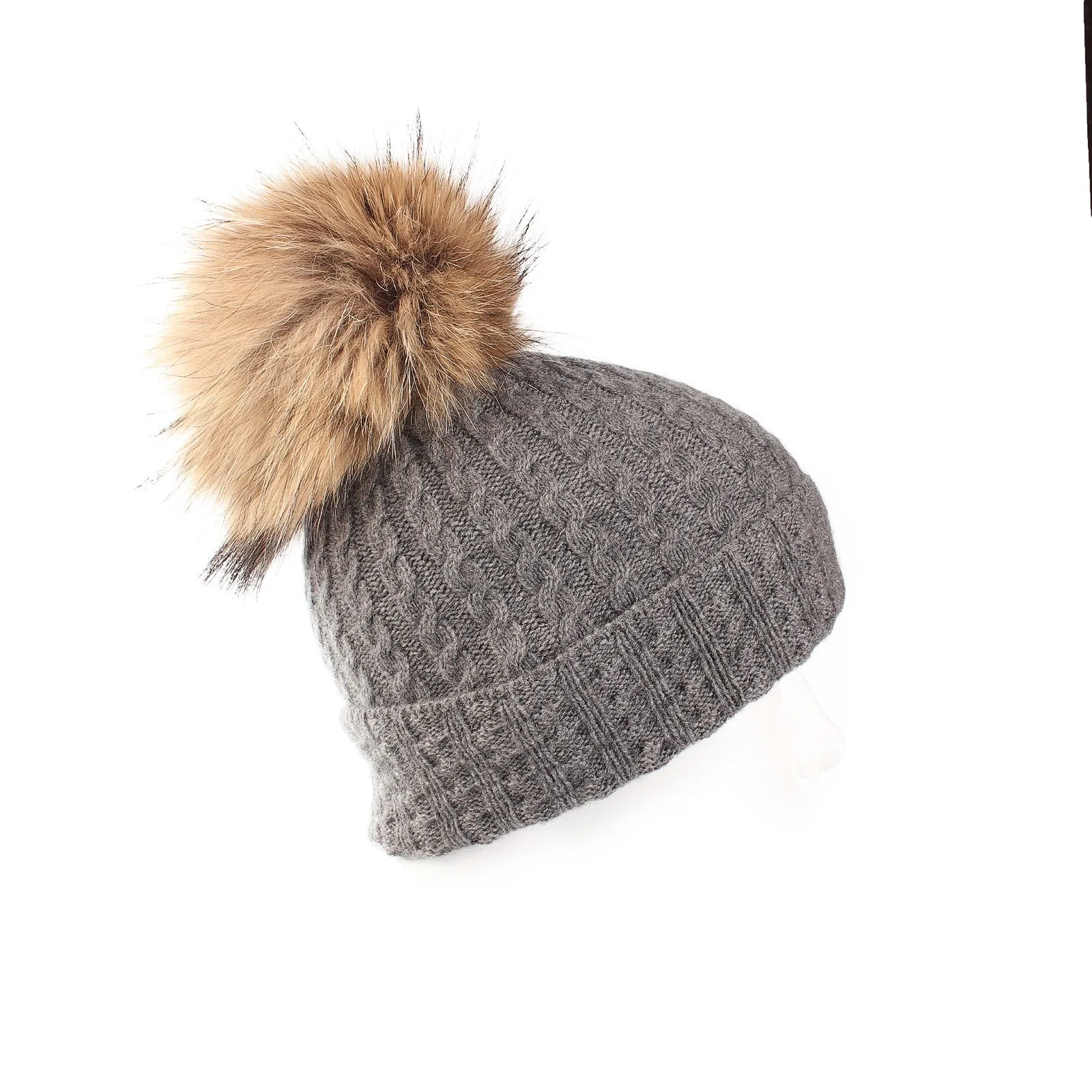 Women's Cable Cashmere Pom Pom Hat  Mid Grey