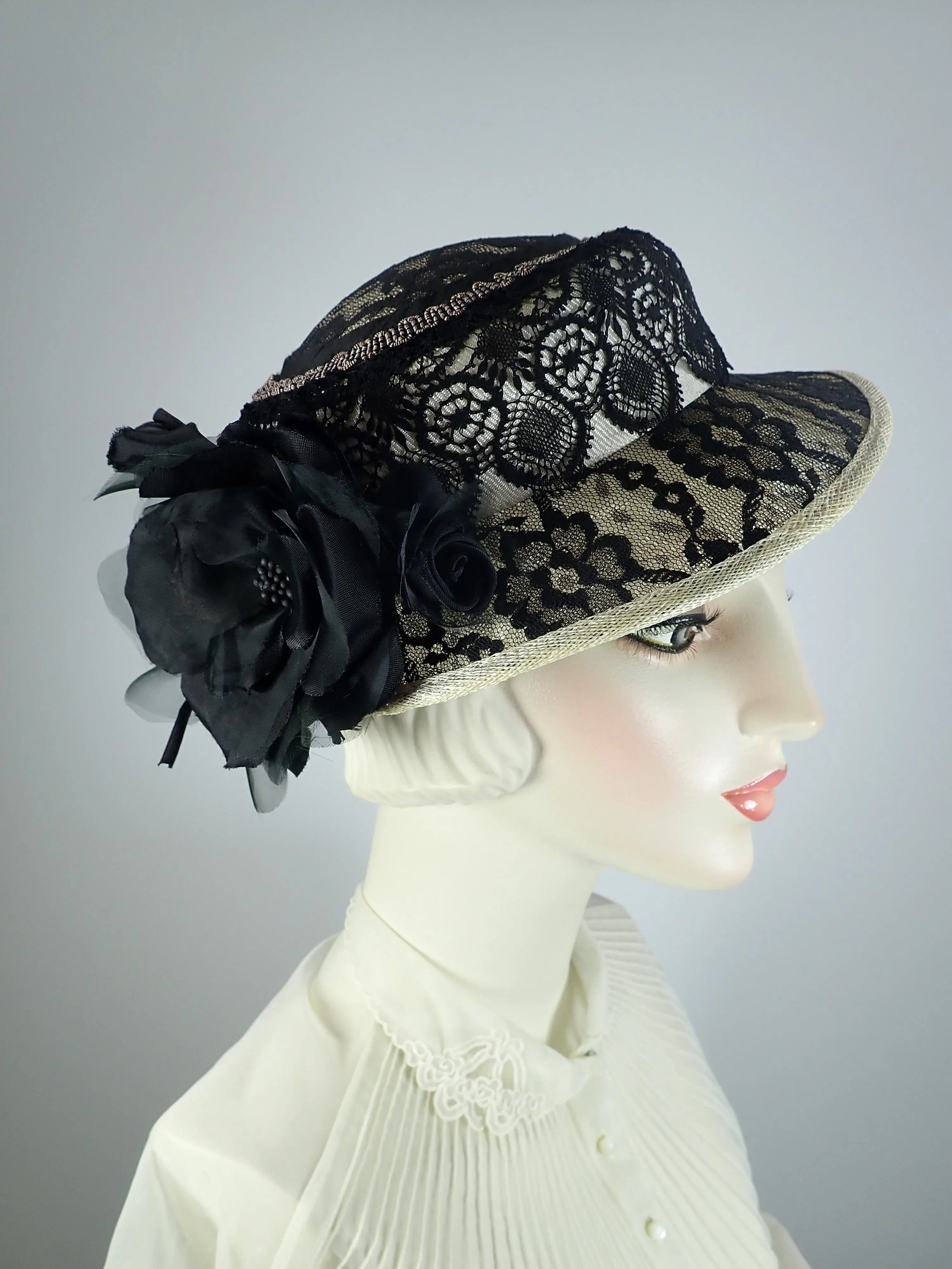 Womens Derby Hat, Black white Hat, Black lace sinamay Straw hat, Summer Small Brim Hat, Ladies Tea Hat, Church Hat