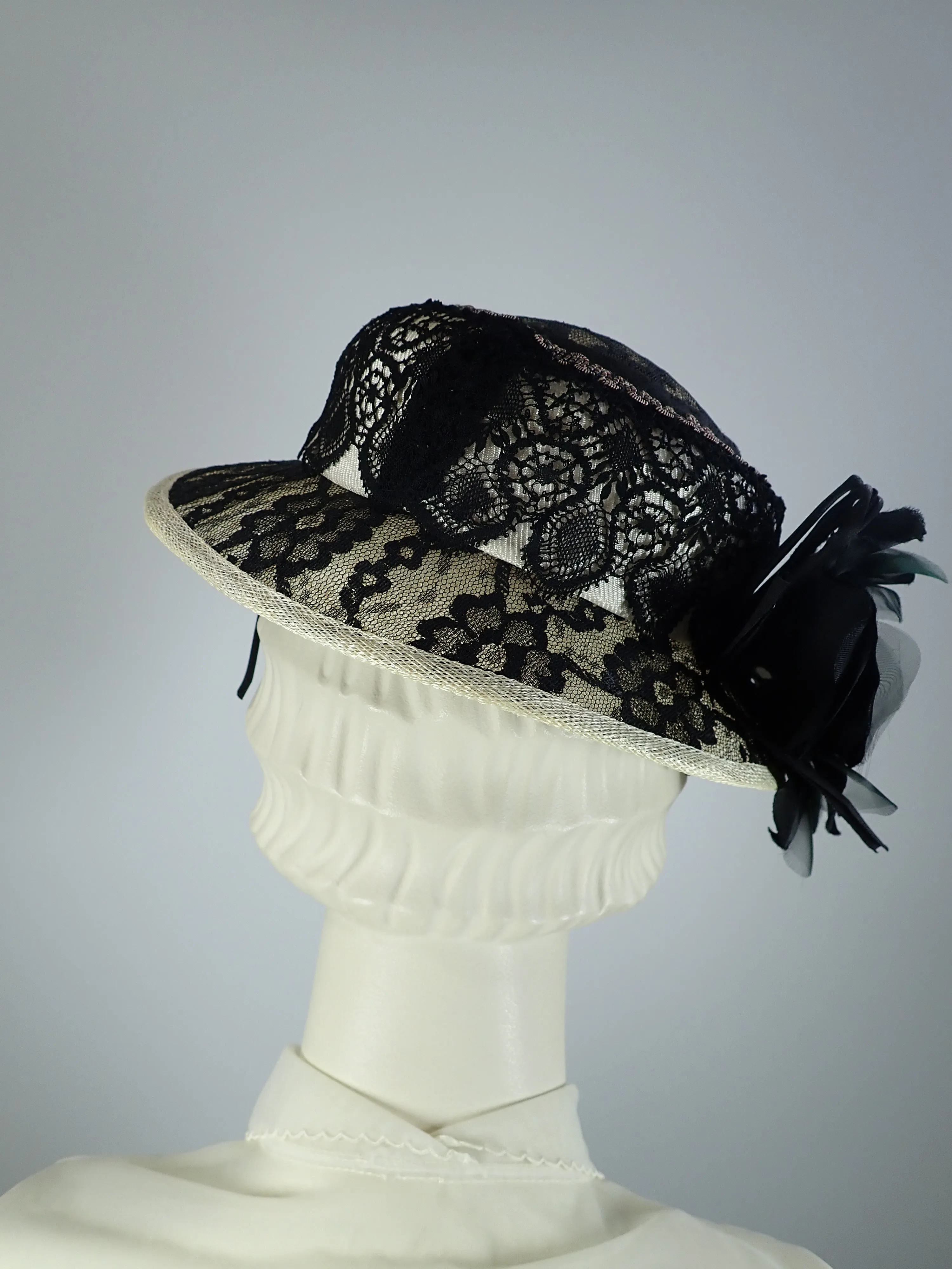 Womens Derby Hat, Black white Hat, Black lace sinamay Straw hat, Summer Small Brim Hat, Ladies Tea Hat, Church Hat