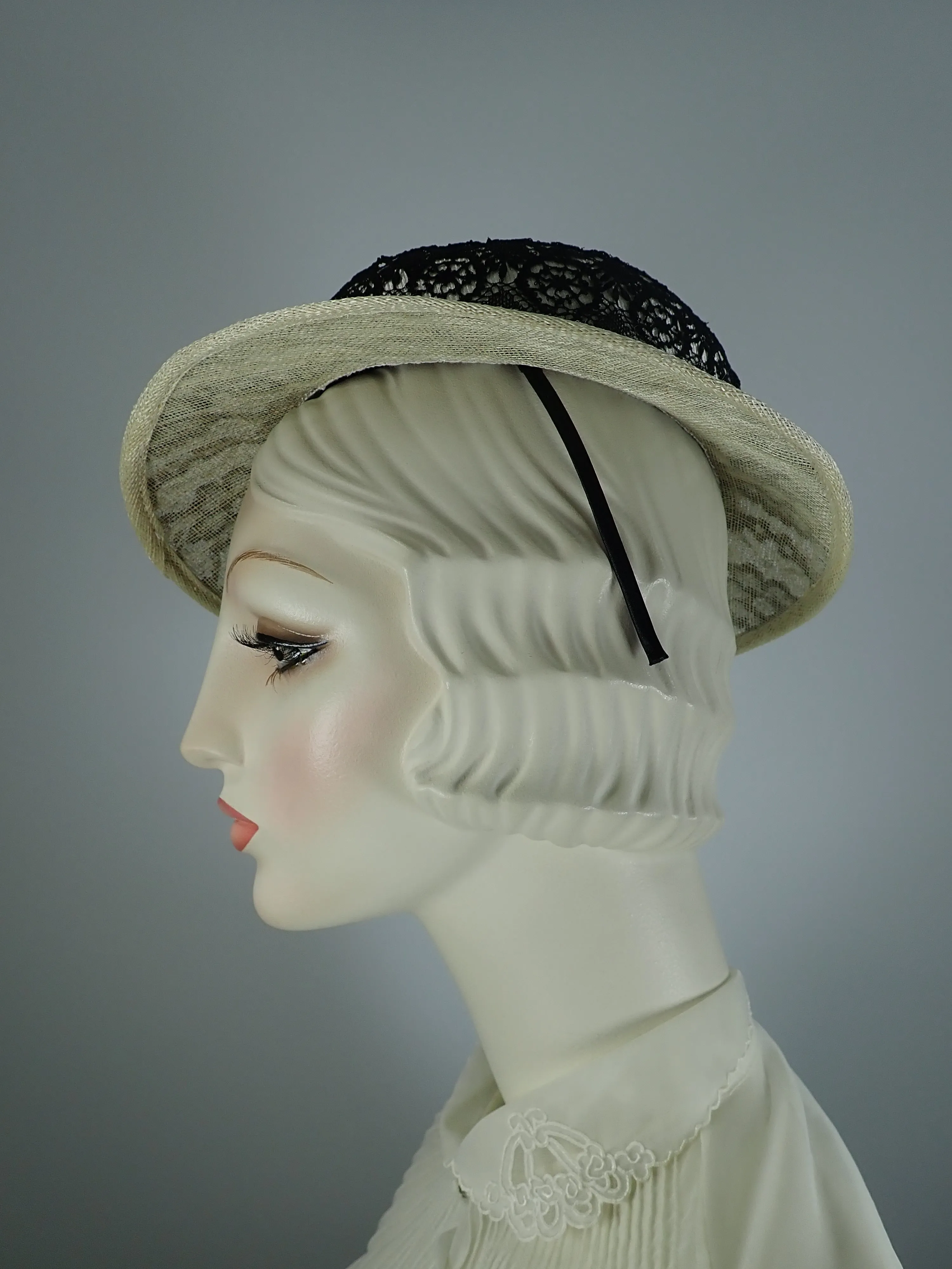 Womens Derby Hat, Black white Hat, Black lace sinamay Straw hat, Summer Small Brim Hat, Ladies Tea Hat, Church Hat