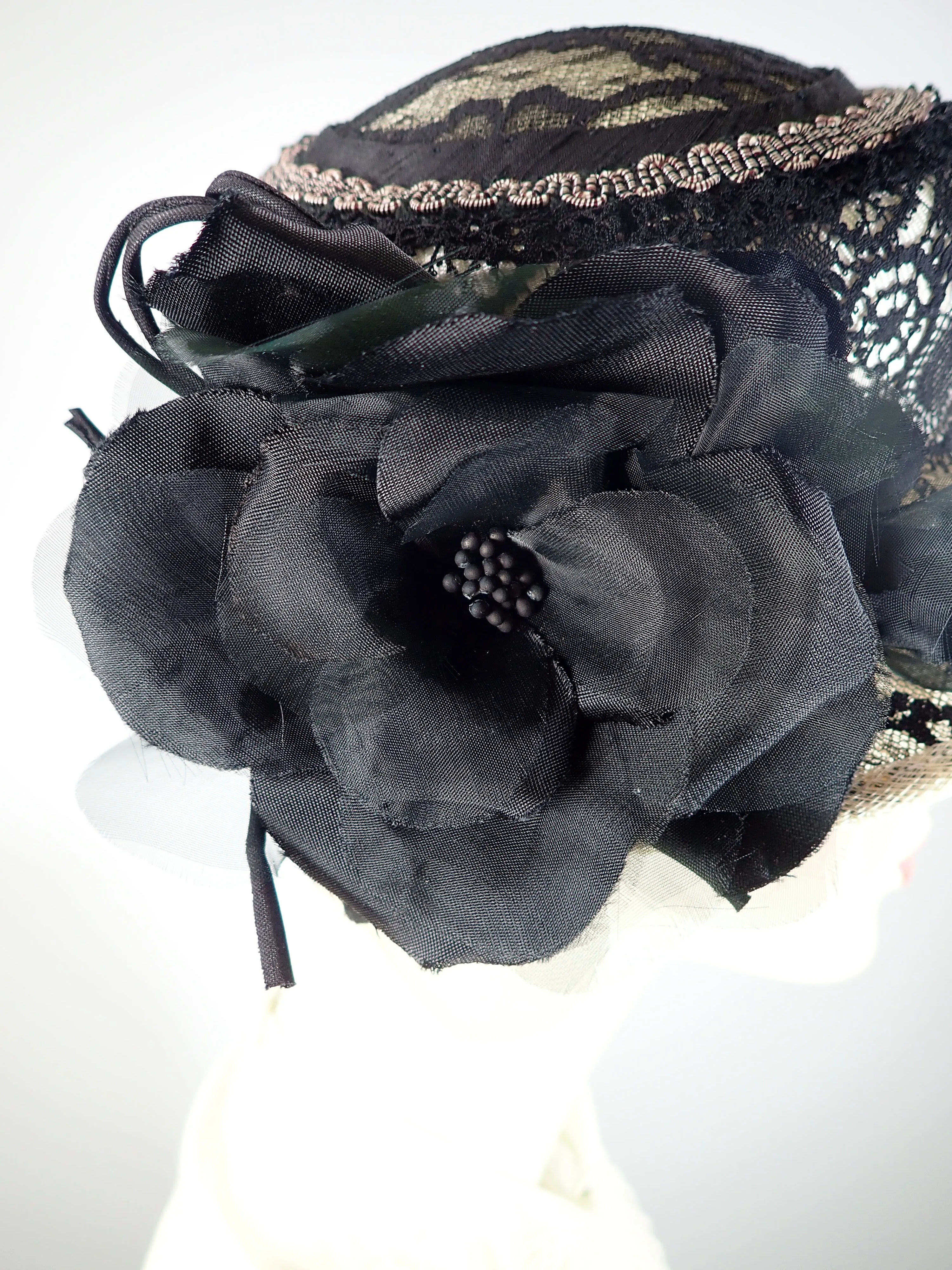 Womens Derby Hat, Black white Hat, Black lace sinamay Straw hat, Summer Small Brim Hat, Ladies Tea Hat, Church Hat
