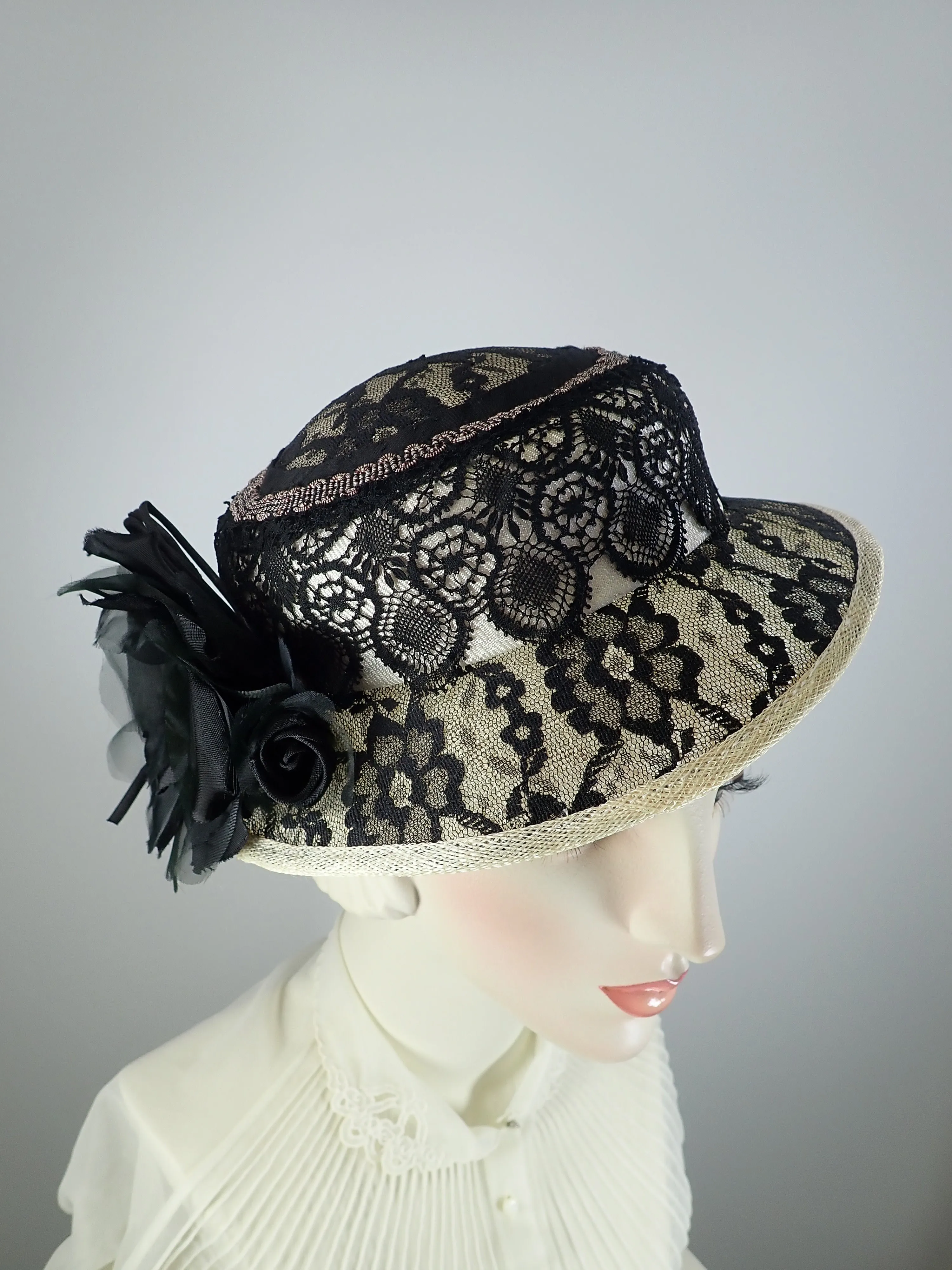 Womens Derby Hat, Black white Hat, Black lace sinamay Straw hat, Summer Small Brim Hat, Ladies Tea Hat, Church Hat